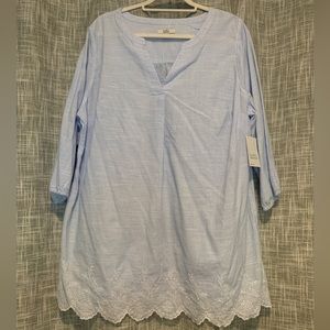 Croft & barrow NWT Embroidered top 1X Blue pin stripe scalloped hem